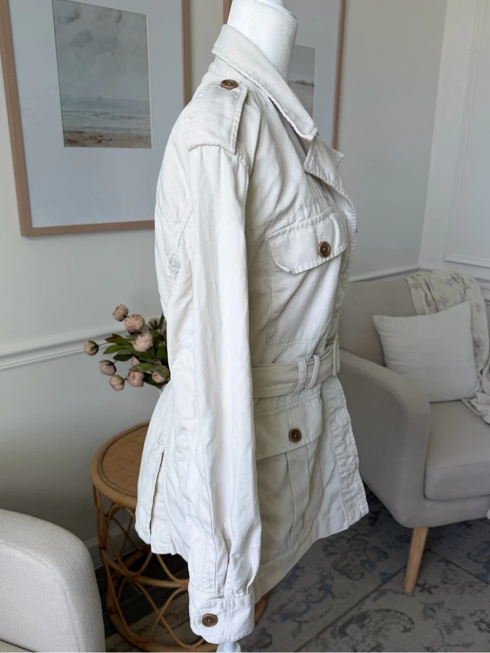 Banana Republic Heritage Linen Blend Safari Jacket Ivory Belted Utility Jacket